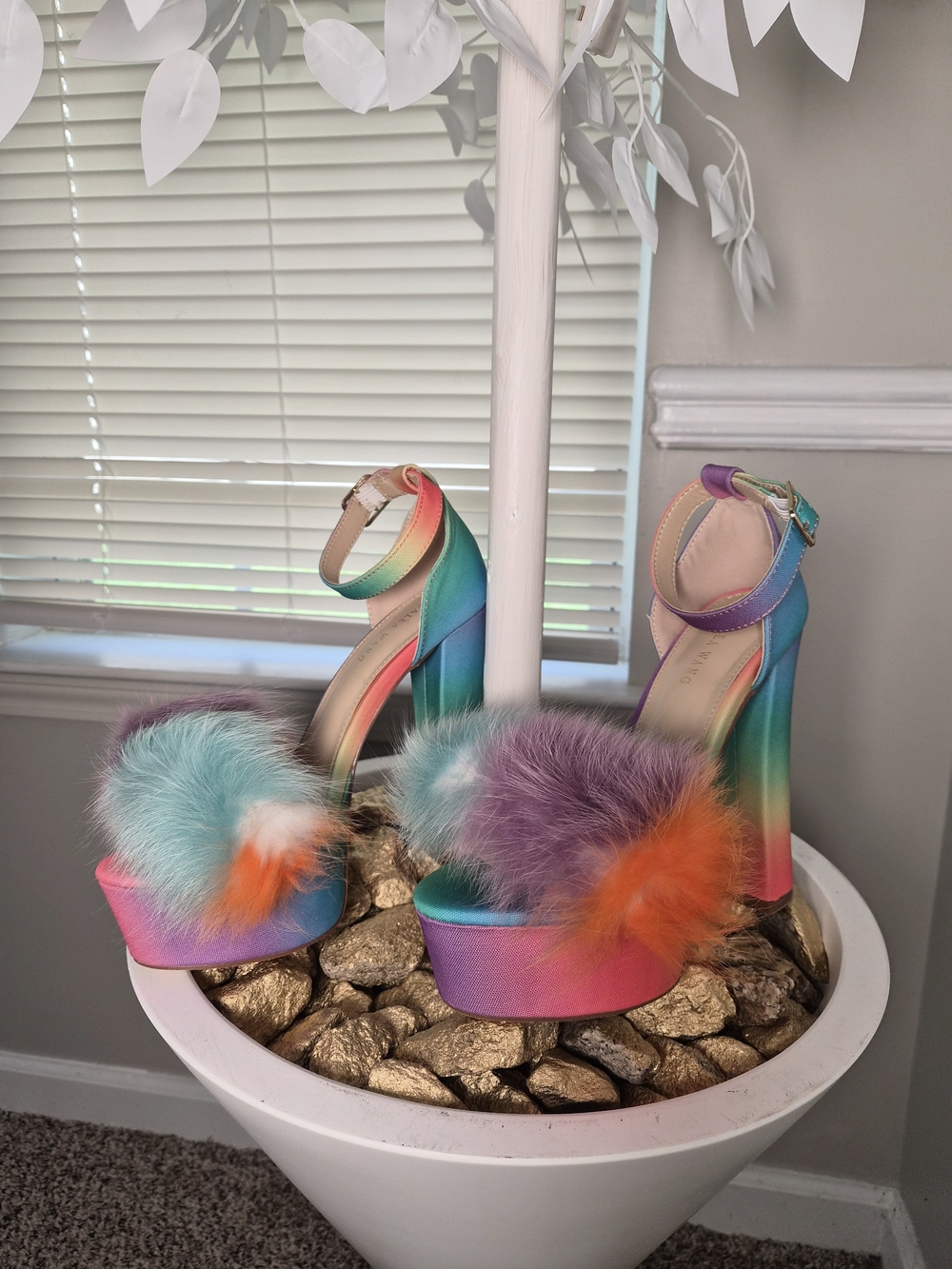 Multicolor Rainbow Platform Fur Ankle-Strap Heels